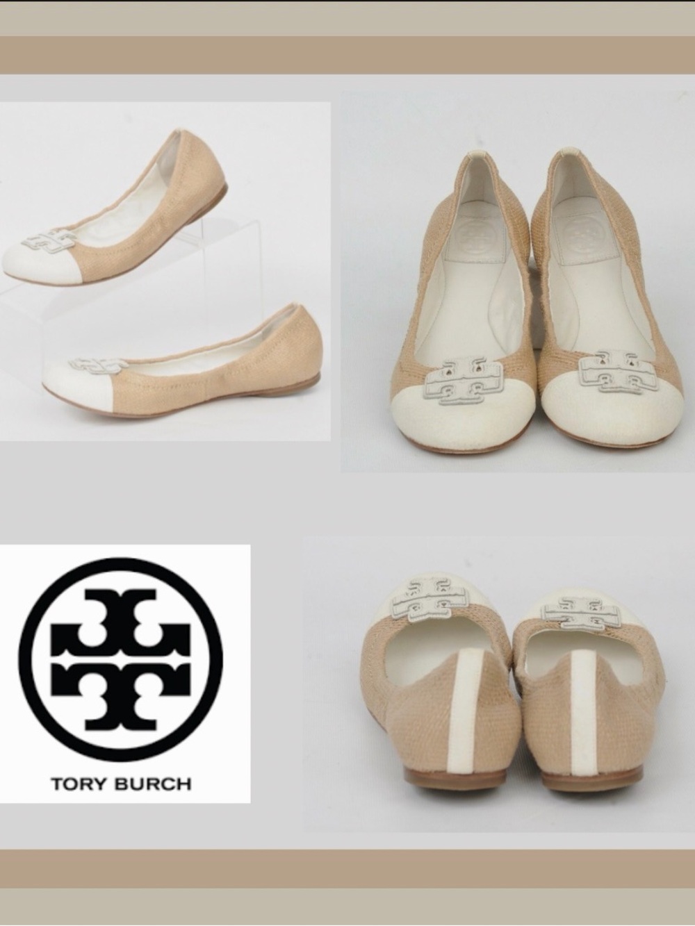 Tory Burch Carita White Natural Beach Woven Straw Leather Ballet Flat Shoes 8 M